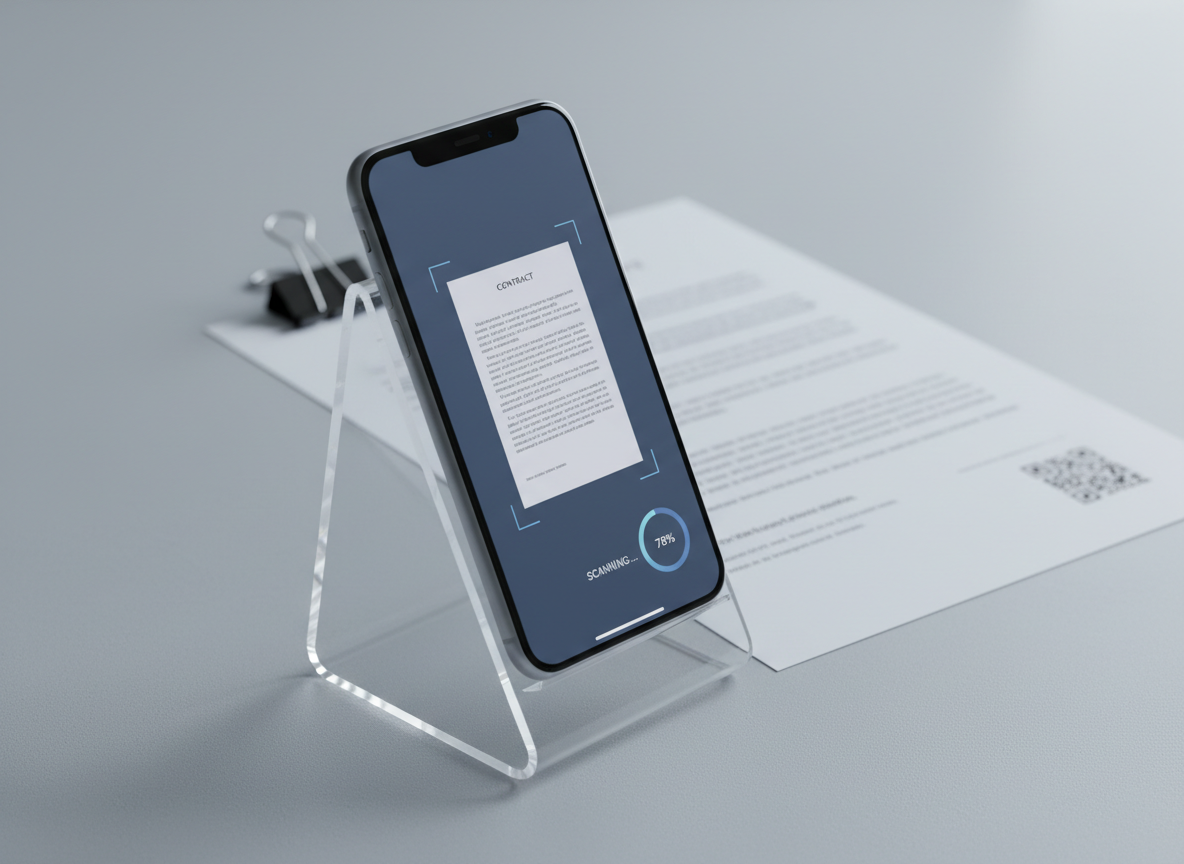 A close-up, side-angle shot of an iPhone standing in a minimalist transparent stand on a light grey workspace, its screen showing a PDF document being scanned in real time with a subtle blue frame around the page and a progress indicator. Behind the phone, slightly out of focus, lies a single contract page on the desk, aligned with a stainless-steel clip and a discreet barcode visible. Cool, even studio lighting from both sides creates a polished, reflection-free surface on the phone and desk, with clean shadows. The mood is precise and tech-forward, with photographic realism and a professional, business-oriented visual style that highlights accurate scanning for contracts and important documents.