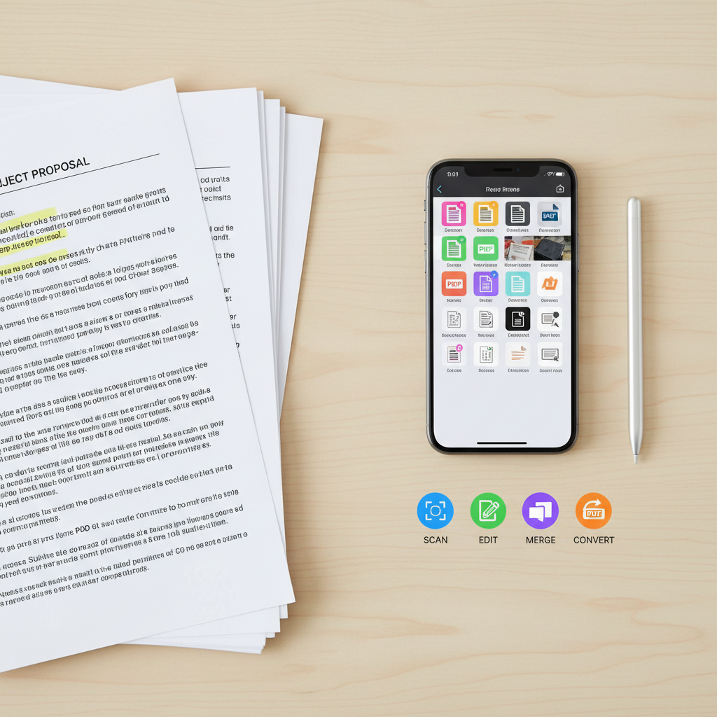 An immaculate overhead view of a wooden desk with a stack of physical papers on one side and a tidy grid of digital PDF thumbnails shown on an iPhone screen on the other, symbolizing paper-to-digital conversion. The papers have visible, crisp printed text and highlighted notes, while the phone screen displays sharp, colorful icons for scan, edit, merge, and convert functions. Soft, diffused natural light from above eliminates harsh shadows, creating a balanced, professional atmosphere. A slim, metallic stylus rests precisely beside the phone. Photographic realism with a flat lay composition emphasizes clarity and organization, ideal for conveying the simplicity of managing documents on an iPhone PDF app.