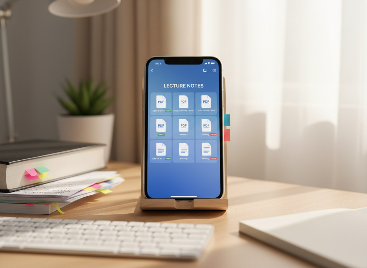 A bright study desk setup where an iPhone rests against a simple wooden book stand, its screen displaying neatly organized PDF lecture notes, each file labeled by date and subject with color-coded tags. Nearby, a stack of printed handouts and a closed textbook with sticky tabs suggest previous clutter. A subtle blue gradient wallpaper on the phone complements the interface colors. Soft morning sunlight streams in from the right, creating gentle highlights on the phone’s edges and a warm, focused pool of light across the desk surface. Captured at eye level with moderate depth of field, the image blends photographic realism with a calm, studious mood, illustrating how the PDF app helps students manage class materials efficiently.
