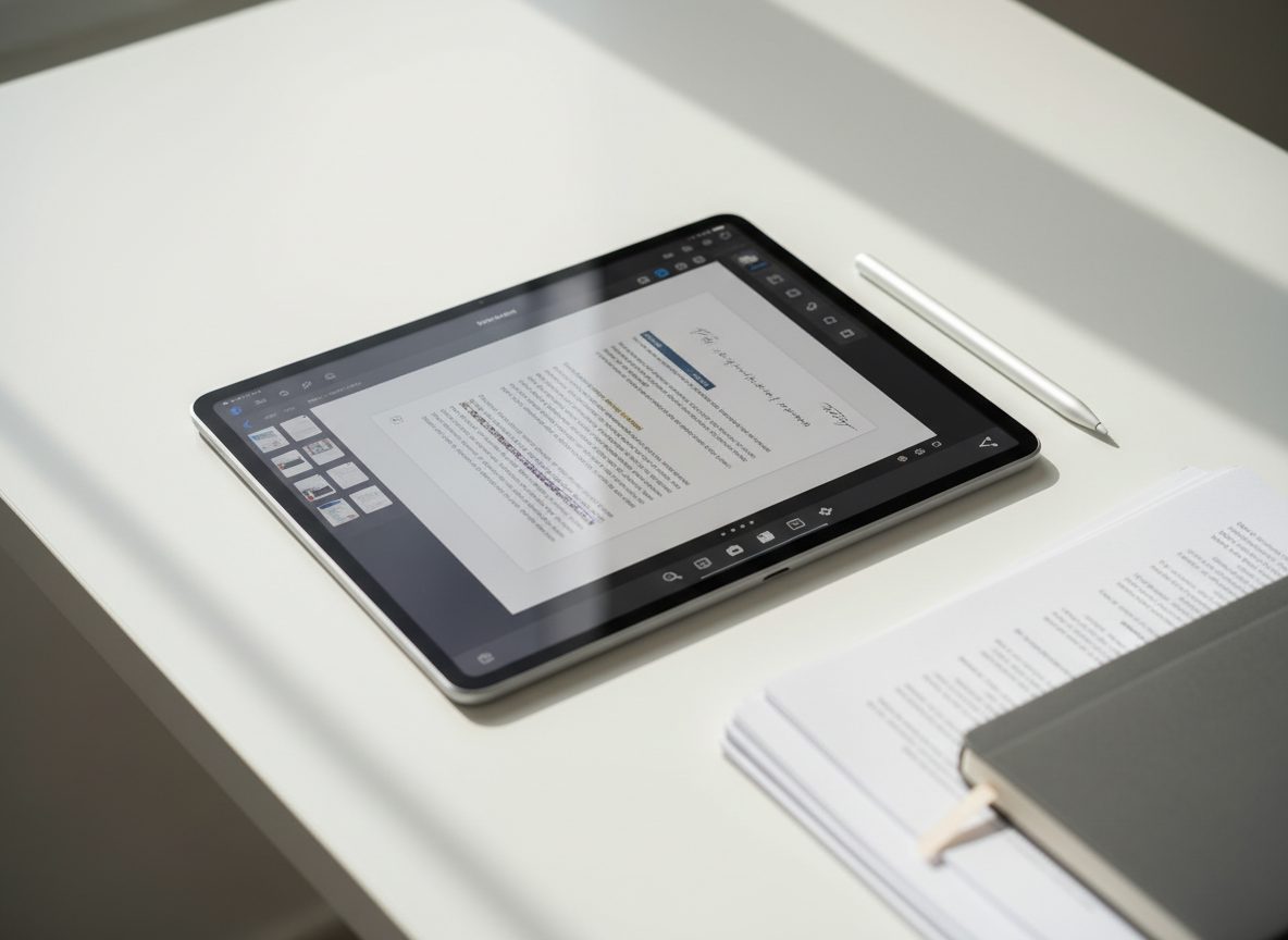 A sleek modern iPad lying on a clean white desk, its screen displaying a crisp interface of a PDF editing app with pages, annotation tools, and share icons clearly visible. Next to the device, precisely arranged, are a silver stylus, a neatly stacked set of printed documents, and a minimalist notebook, all in muted neutral tones. Soft daylight from an unseen window washes across the scene, creating gentle reflections on the glass screen and subtle shadows along the desk edge. Shot from a slightly elevated angle with shallow depth of field, the focus is on the iPad display, conveying a professional, clutter-free, photographic realism ideal for a business-focused PDF editing service.