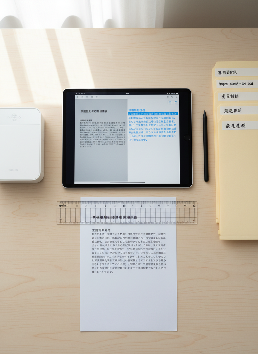 An overhead view of an organized digital workspace where an iPad displays an OCR conversion screen, showing a scanned paper document transforming into editable text in real time. Beside the device lies the original printed page with crisp Japanese characters, aligned neatly under a transparent ruler. A compact wireless scanner and a tidy stack of labeled folders frame the scene. Bright, diffused daylight evenly illuminates the desktop, minimizing harsh shadows and making every detail legible. The mood is efficient and methodical, with a photographic realism that highlights precision. The balanced composition and sharp focus across the frame underscore the app’s ability to accurately recognize and edit documents on iOS.