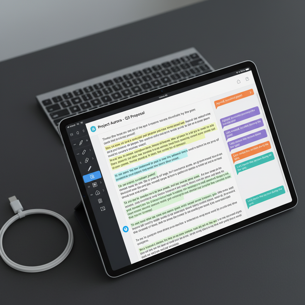 A close-up of an iPad screen showing a detailed PDF document with highlighted text, comments in colored speech-bubble style boxes, and visible annotation tools along the side, emphasizing collaboration and editing. The device rests on a matte charcoal desk surface, with a USB-C cable neatly coiled beside it and a sleek wireless keyboard slightly out of focus in the background. Cool, diffused overhead lighting gives an even, professional illumination with minimal glare on the screen. Captured at eye level with a tight, centered composition and subtle bokeh in the background, the image feels precise, efficient, and modern, reinforcing the power and clarity of a mobile PDF editing and sharing app.