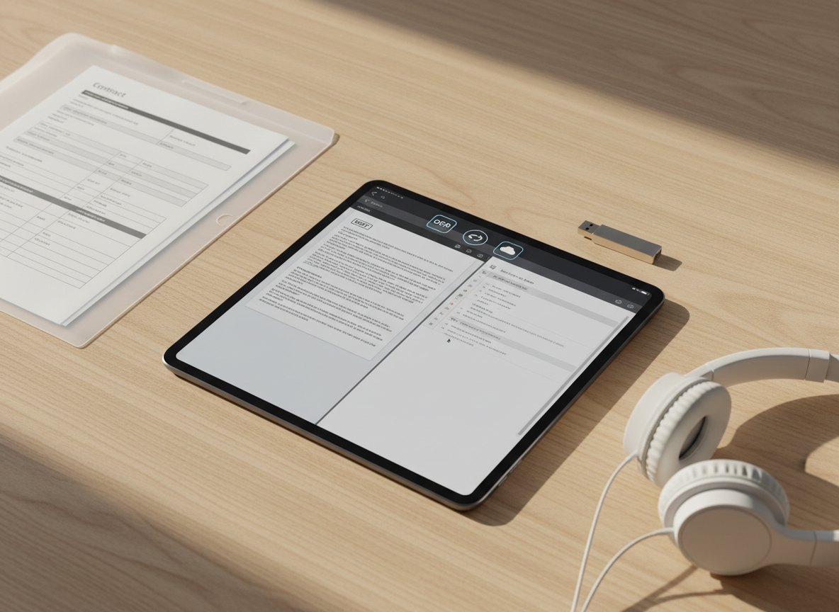 An iPad placed on a light wooden tabletop, its screen split between a PDF document and a Word document, demonstrating seamless editing of both formats. Icons for OCR, share options, and cloud storage appear along the top bar. Around the device are orderly items: a translucent folder with visible printed forms, a slim USB drive, and a pair of minimalist over-ear headphones resting nearby. Warm afternoon sunlight from the side casts soft, angled shadows and highlights the wood grain texture, creating a calm yet productive atmosphere. Shot from a three-quarter overhead angle with sharp focus throughout, the photographic style is clean, modern, and specifically tailored to showcase an all-in-one mobile document solution.