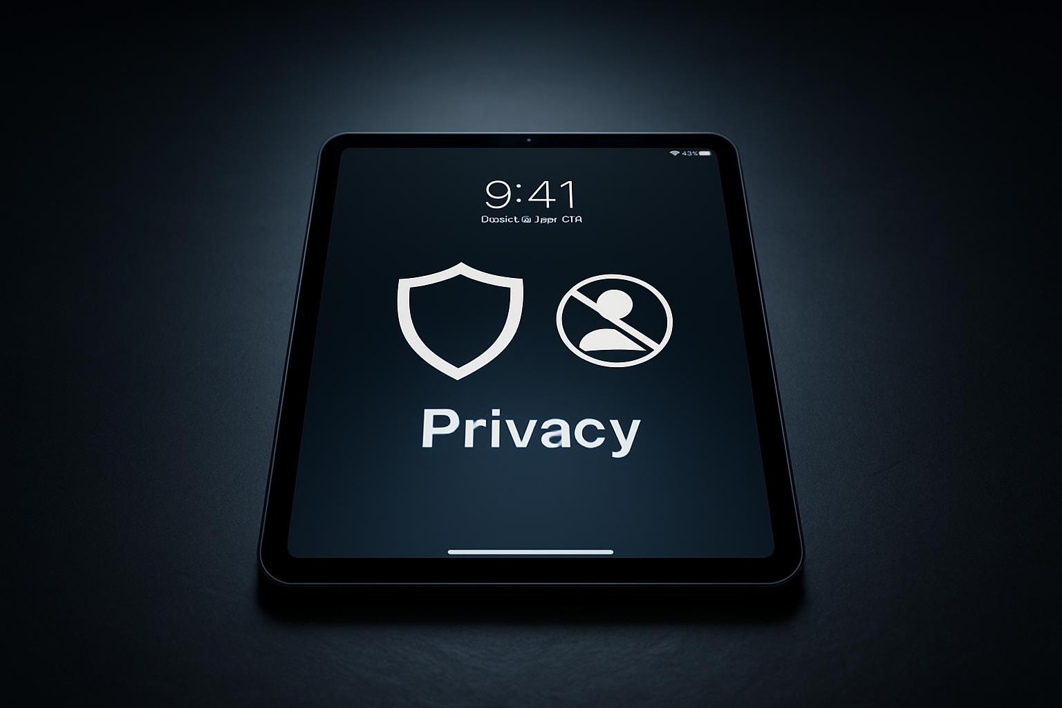 A stark, minimalist composition featuring an iPad on a dark slate surface, its lock screen clearly displaying security icons such as a shield and a crossed-out profile silhouette, emphasizing privacy and no personal data collection. Around the device, there are no clutter or extra objects, just a subtle reflection of the tablet on the surface. Cool-toned studio lighting from above creates a focused pool of light on the device, fading into soft darkness at the edges of the frame. The shot is centered and symmetrical, photographed at a slight angle from above, conveying trust, protection, and a highly professional, business-oriented aesthetic in realistic detail.